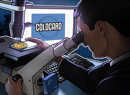 A security researcher examines a Coldcard hardware wallet under a microscope